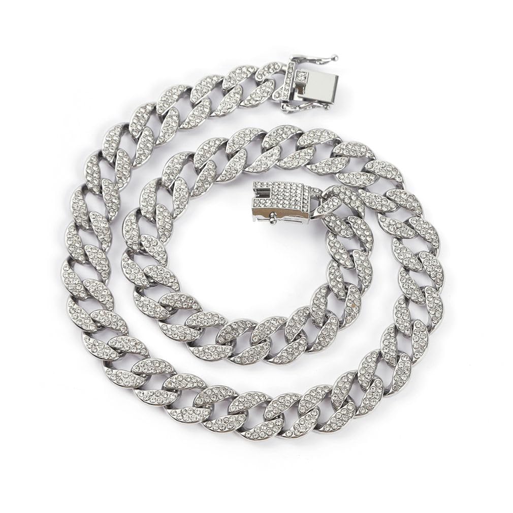 Sliver Cat Chain Collar, Glitter Rhinestone Sparkly Diamond Metal Bling Necklace Cuban Link Puppy Collars For Small Medium Large