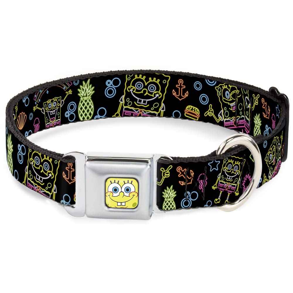 Buckle-Down Dog Collar Seatbelt Buckle Electric Spongebob Poses Elements Black Multi Color, 1' Wide - Fits 9-15' Neck - Small 