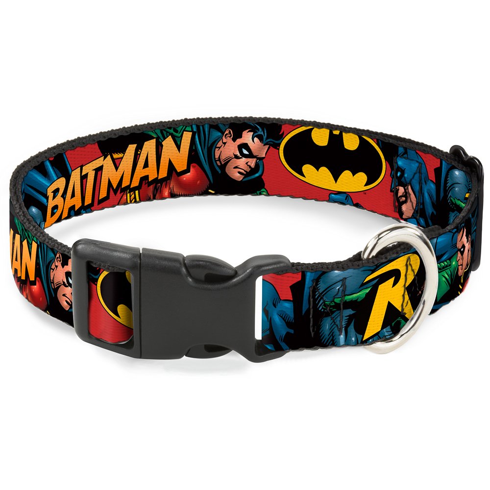 Buckle-Down 'Batman & Robin In Action With Text' Plastic Clip Collar, Burgundy, 1/2'/9-15'/Large