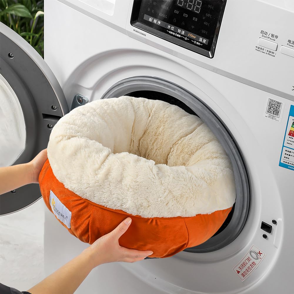 Xinsource Cozy Round Pet Bed - High Walls For Extra Support, Soft Plush Interior, Orange/Grey With Non-Slip Bottom, Machine Wash