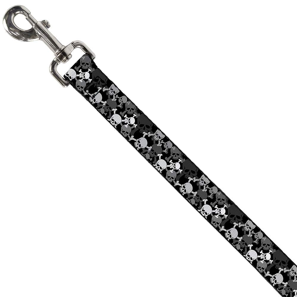 Buckle-Down Dog Leash Top Skulls Stacked Black Gray White 6 Feet Long 0.5 Inch Wide