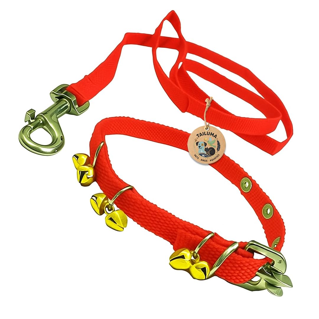 Tailuma Nylon Red Ghungroo Neck Collar Belt And Leash With Adjustable Stainless Steel Hook Set Ideal For Training/Walking Dogs A