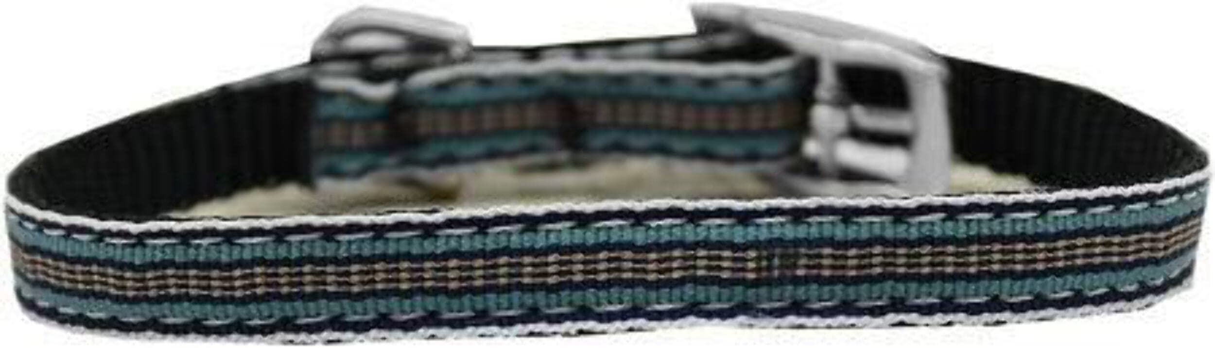 Mirage Pet Products Preppy Stripes 3/8" Nylon Dog Collar with Classic Buckle, Size 12, Light Blue/Khaki