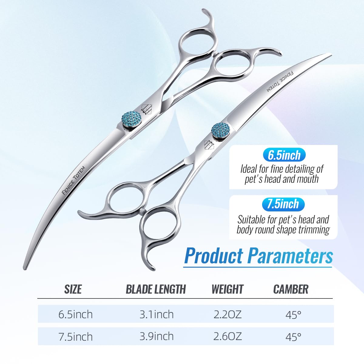 FENICE Professional Grooming Curved Shears, 7.5" Japanese 440C Stainless Steel, Metallic Color, Model W75
