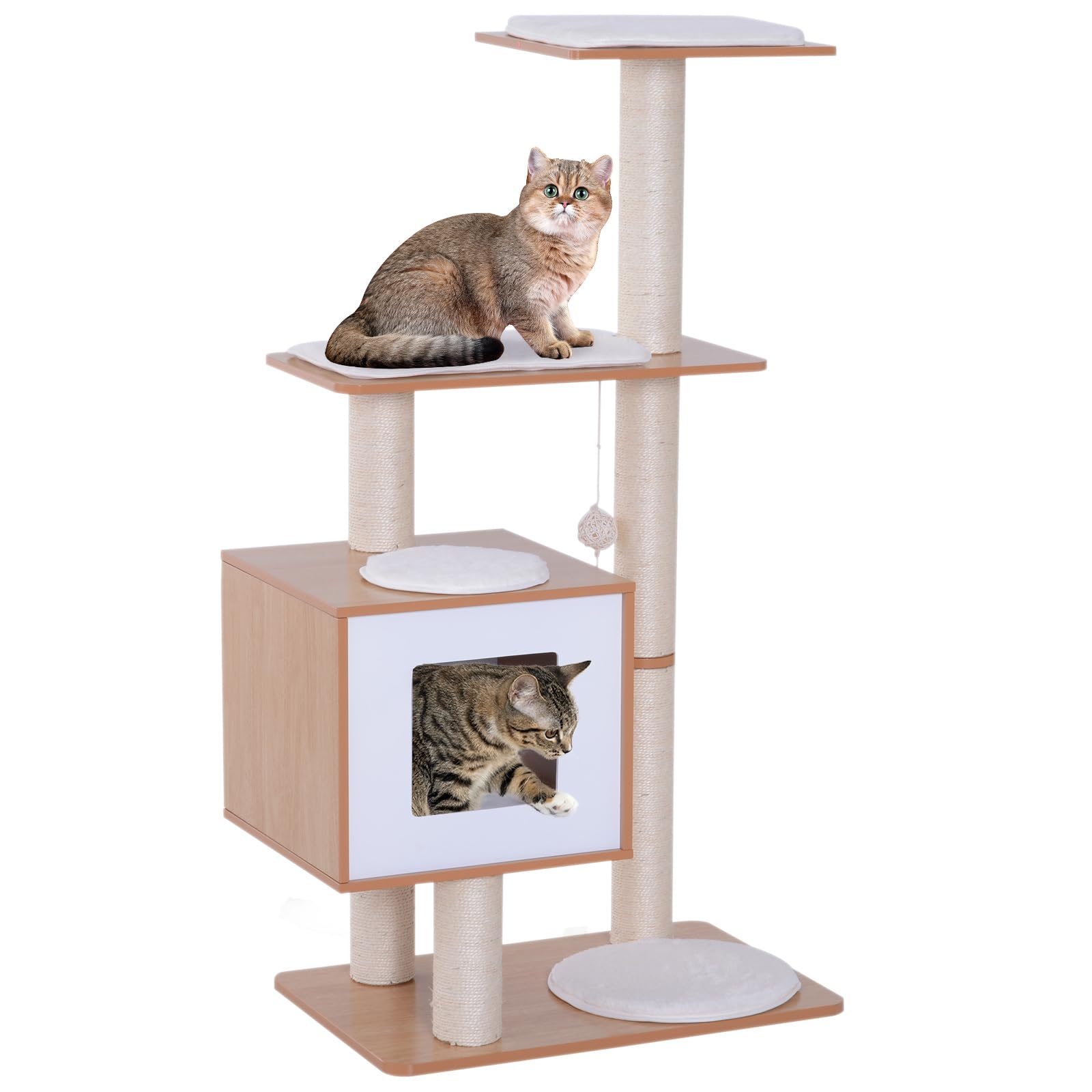 Pawhut Wood Cat Tree Scratching Post For Indoor Cats Kitten House Condo Activity Center W/Cushion Hanging Toy Multi-Level
