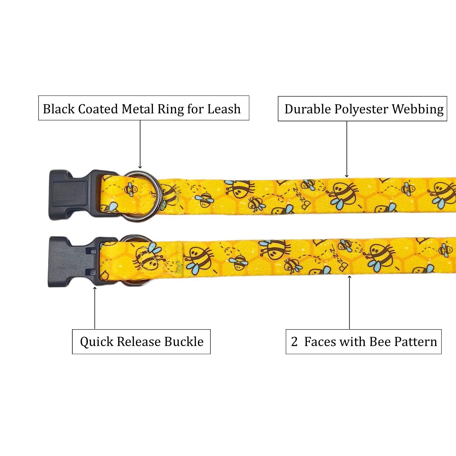 Olahibi Dog Collar Leash Set, Busy Bee Pattern, 5Ft Matching Leash, Polyester Material, 4 For Small Medium Large Dogs.(L, Bee)