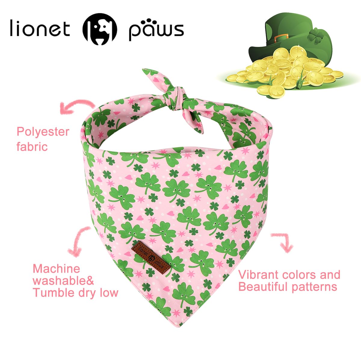 Lionet Paws St. Patrick 2Pcs Dog Bandanas, Green Clover Dog Scarf Bib Premium Fabric, Happy St. Patrick Pink Bandanas For Medium