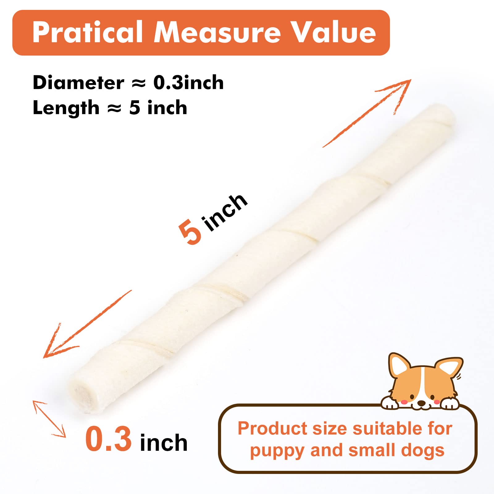 MON2SUN Dog Rawhide Twist Sticks, Natural Chicken Flavor, 5 Inch (120 Count) for Puppies & Small Dogs