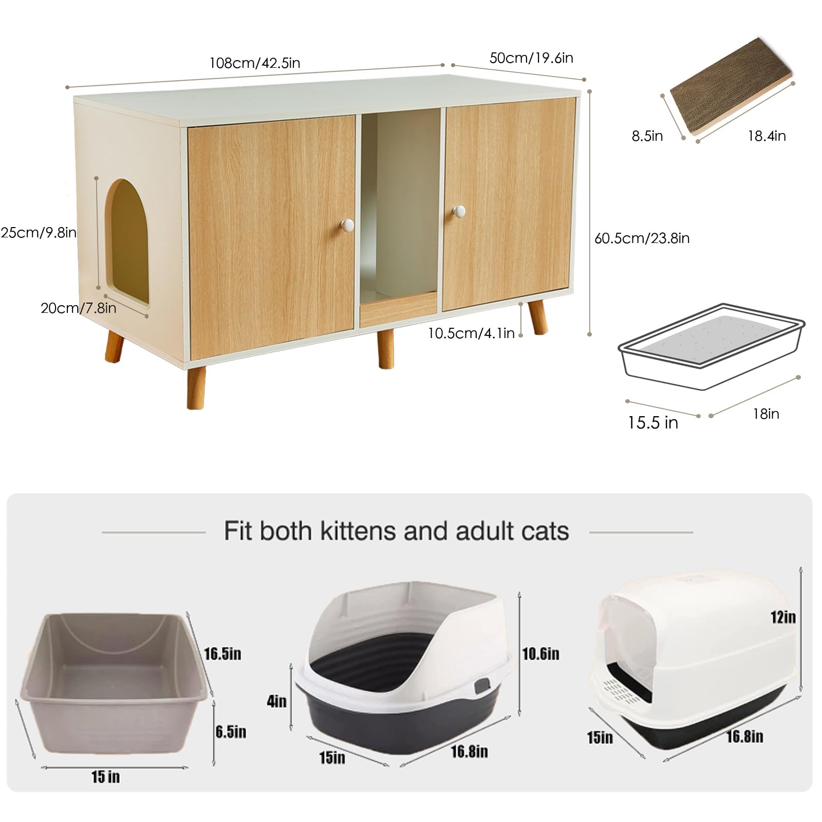 JanflyHome Litter Box Enclosure for 2 Cats, 42.5" Wood Cabinet with Scratching Pad, Model JFL2257, Modern Indoor Pet Furniture