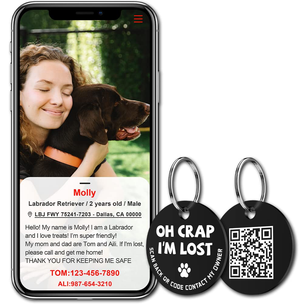 Myluckytag Stainless Steel Qr Code Pet Id Tags Dog Tags - Pet Online Profile - Scan Qr Receive Instant Pet Location Alert Email