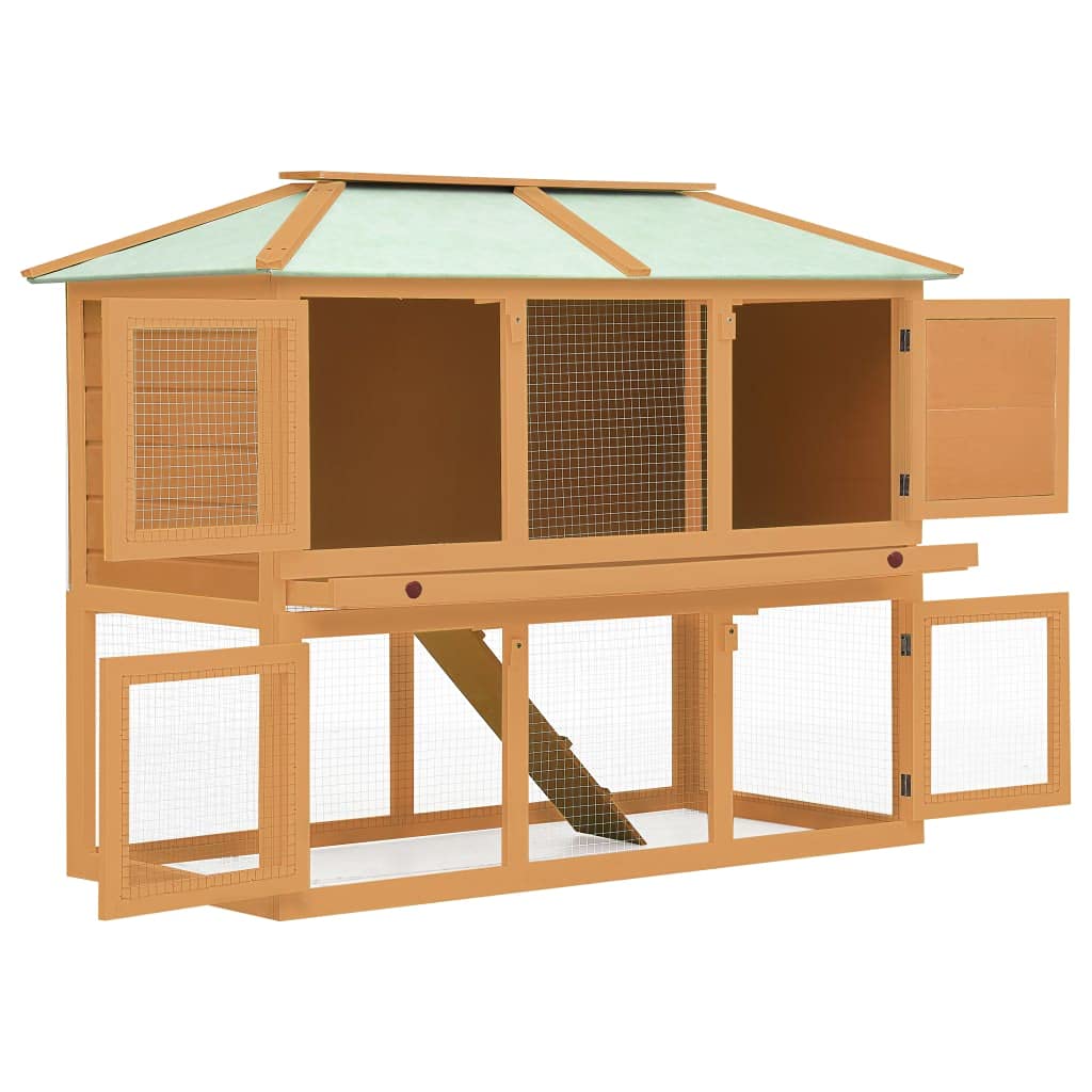 vidaXL Wooden Rabbit Cage with Double Floors, Iron Wire Grid Construction and Non-Slip Ladder for Indoor and Outdoor Use - Brown Brass