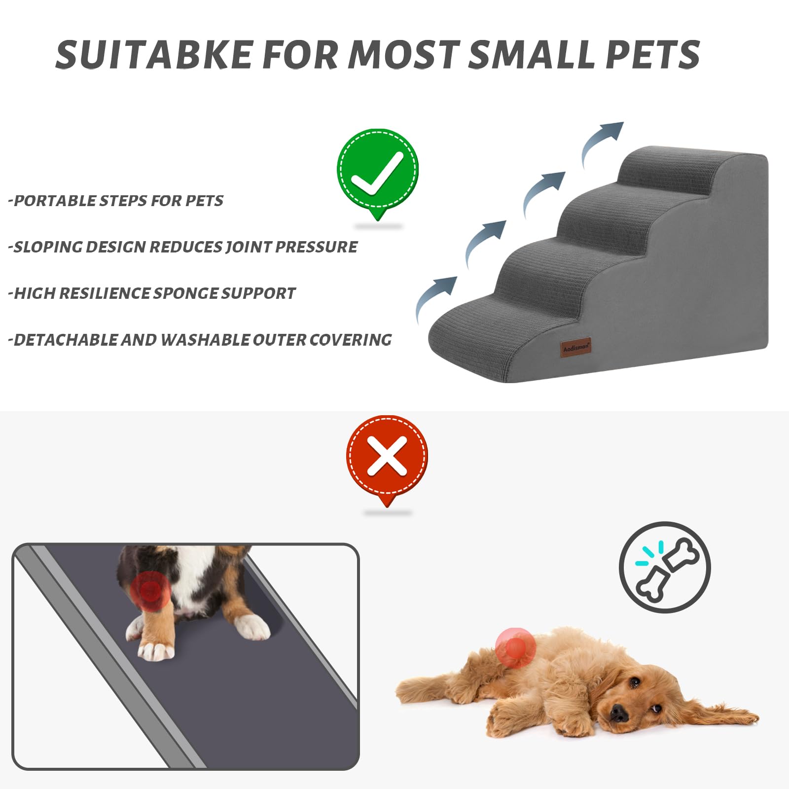 Aodisman Dog Steps for Bed, 4-Step Dog Stairs Ramp for Small Dogs and Cats, Indoor Non-Slip Pet Stairs Suitable for Older, Short