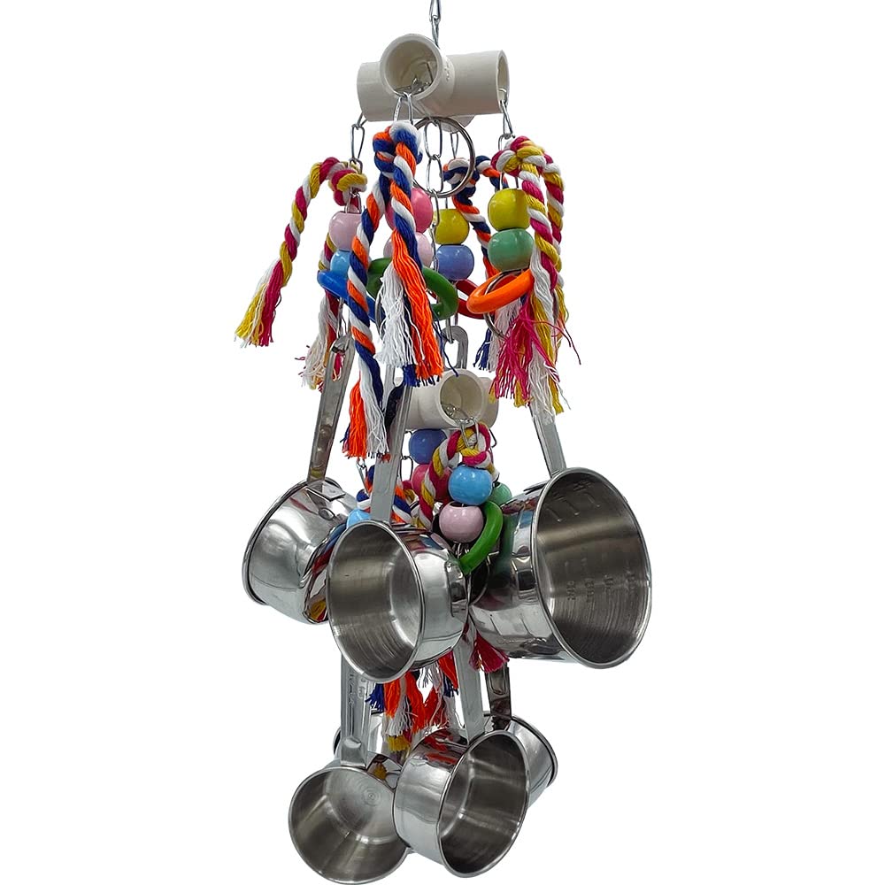 Gilygi New Upgraded Metallic Pots And Multicolored Ring Toys, Pullable 8 Stainless Steel Cups And 8 Wooden Ring Toys For Large And Extra Large Parrot Amazons Macaws African Greys Cockatoos Eclectus