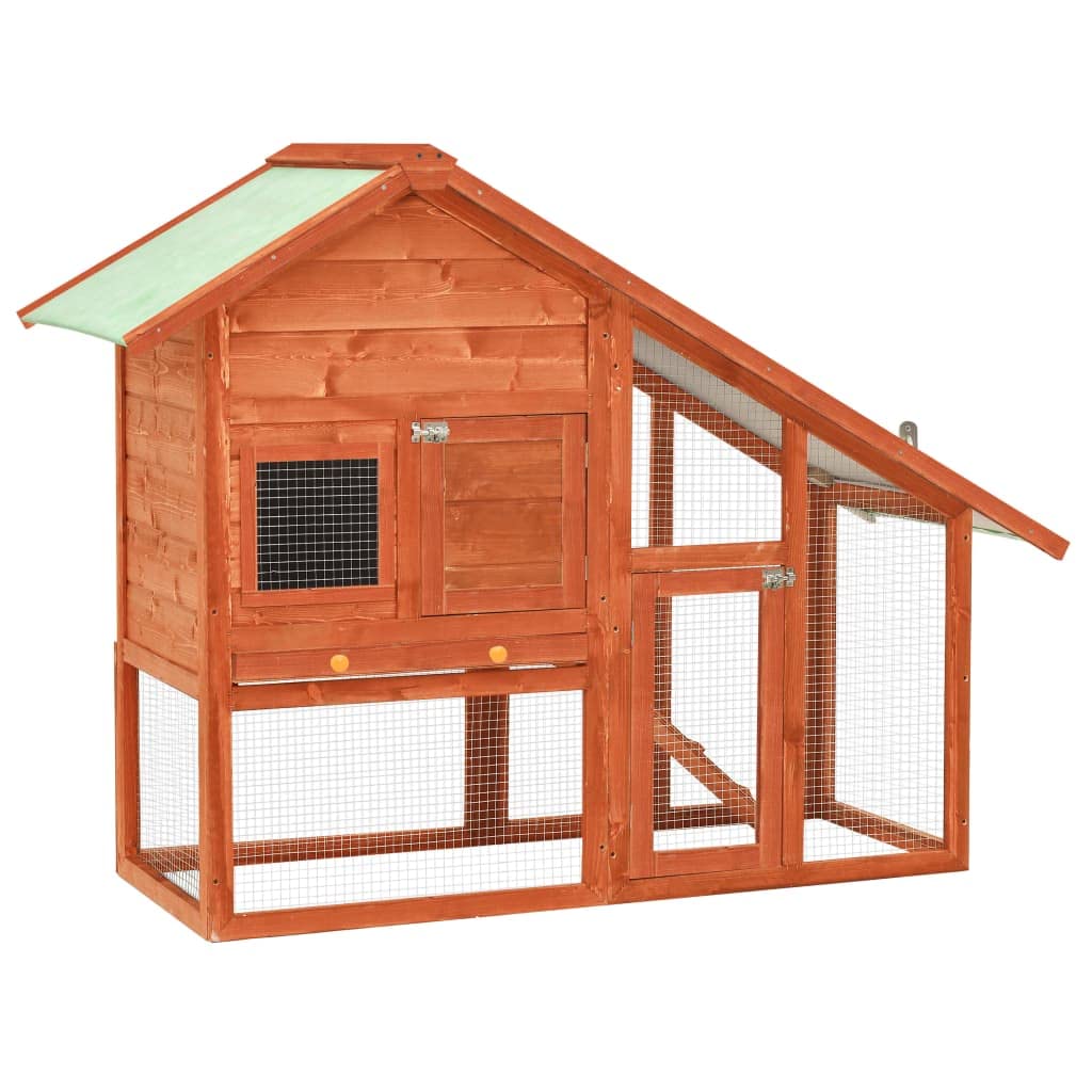 vidaXL Double-Layered Rabbit Hutch - Solid Firwood, Spacious Design, Easy-Climb Ramp, Pull-Out Tray, Steel Wire Mesh, Water-Resistant Roof Cover - Brown