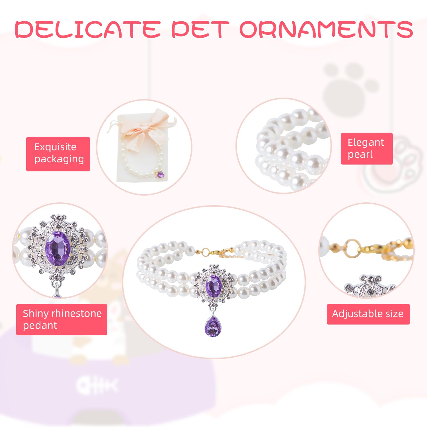 Daovace 2 Row Pearls Collar For Cats Pearl Dog Collar Rhinestone Necklaces For Small Dogs Collar Accessories Cat Pearl Collar (M
