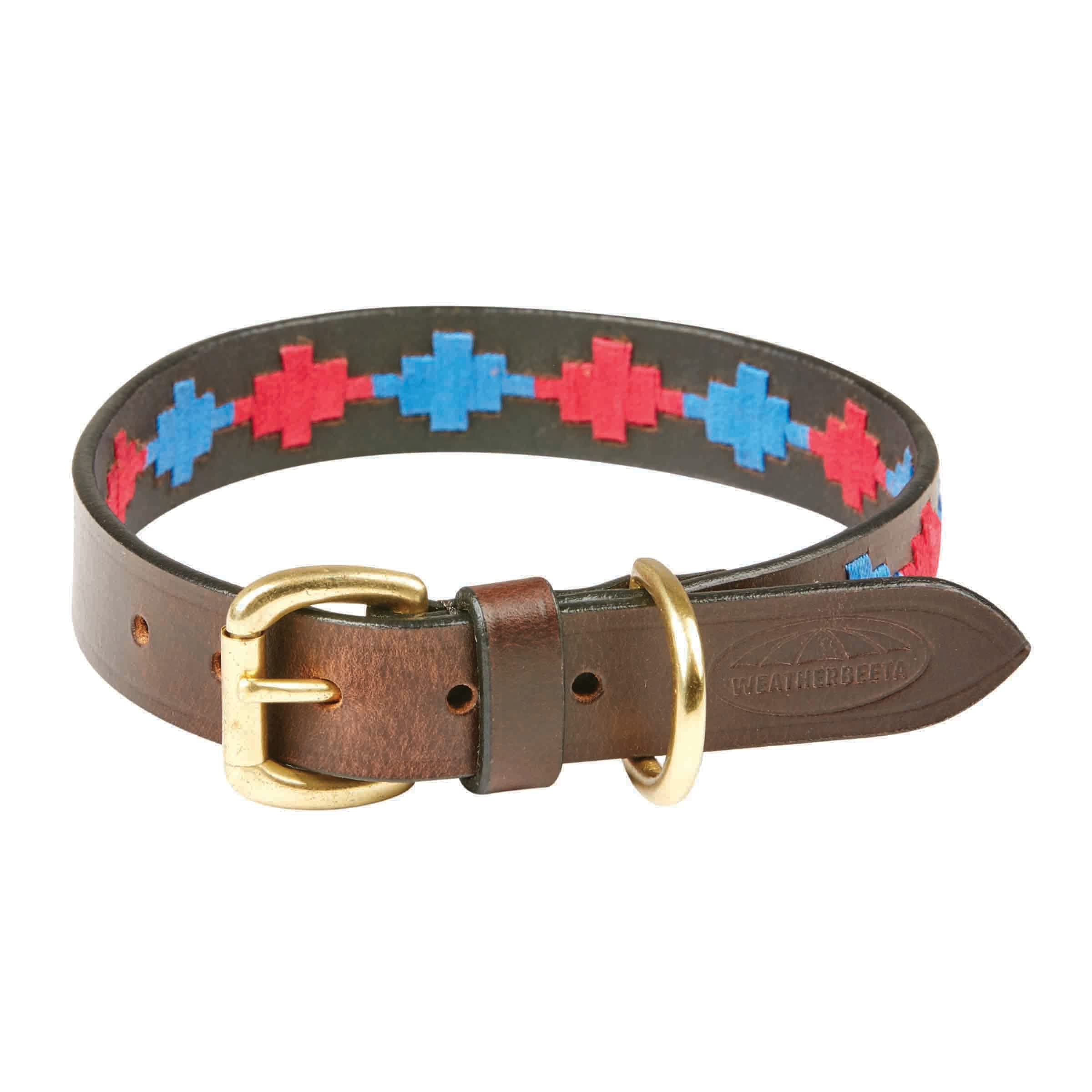 Weatherbeeta Polo Leather Dog Collar, Beaufort Brown/Pink/Blue, Extra Large