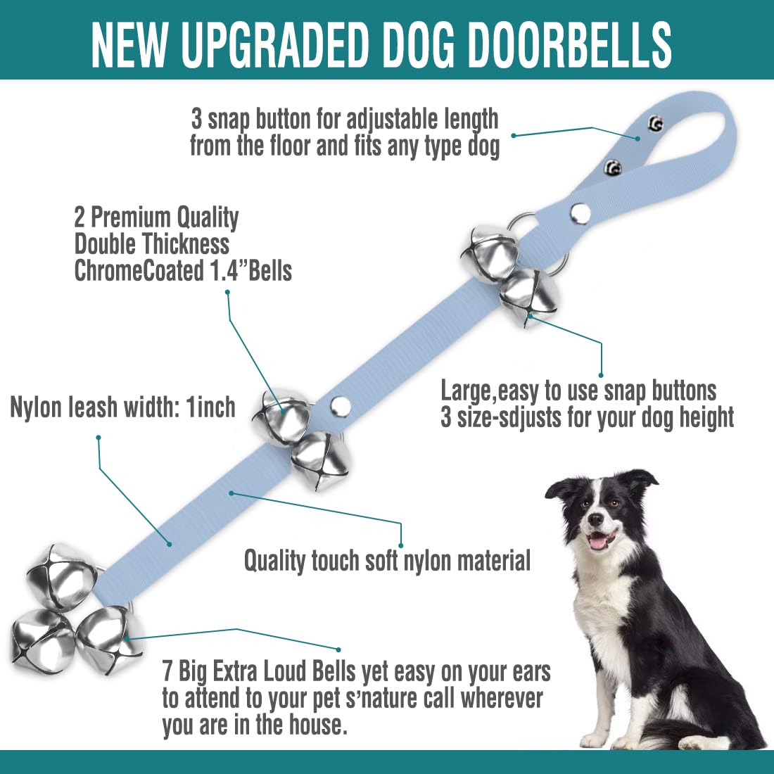 BLUETREE Adjustable Dog Doorbells - Premium Quality Potty Training Bells, 7 Extra Large Loud 1.4 Bells, Light Blue