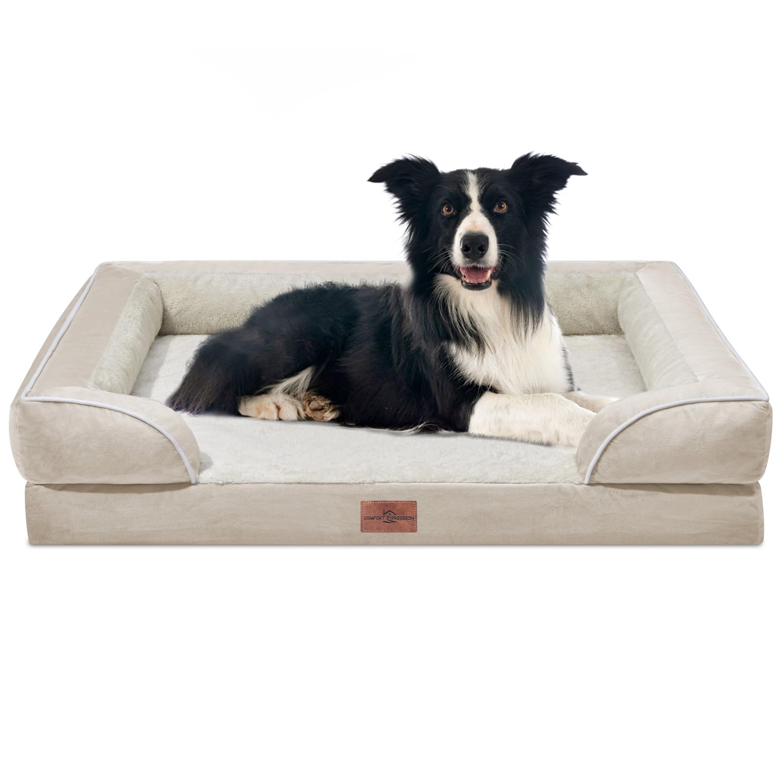 Comfort Expression Waterproof Dog Beds For Large Breed Dogs, Large Dog Beds Orthopedic Foam, Comfy Pet Bed Sofa With Washable Removable Cover & Non-Slip Bottom(Large,Beige)