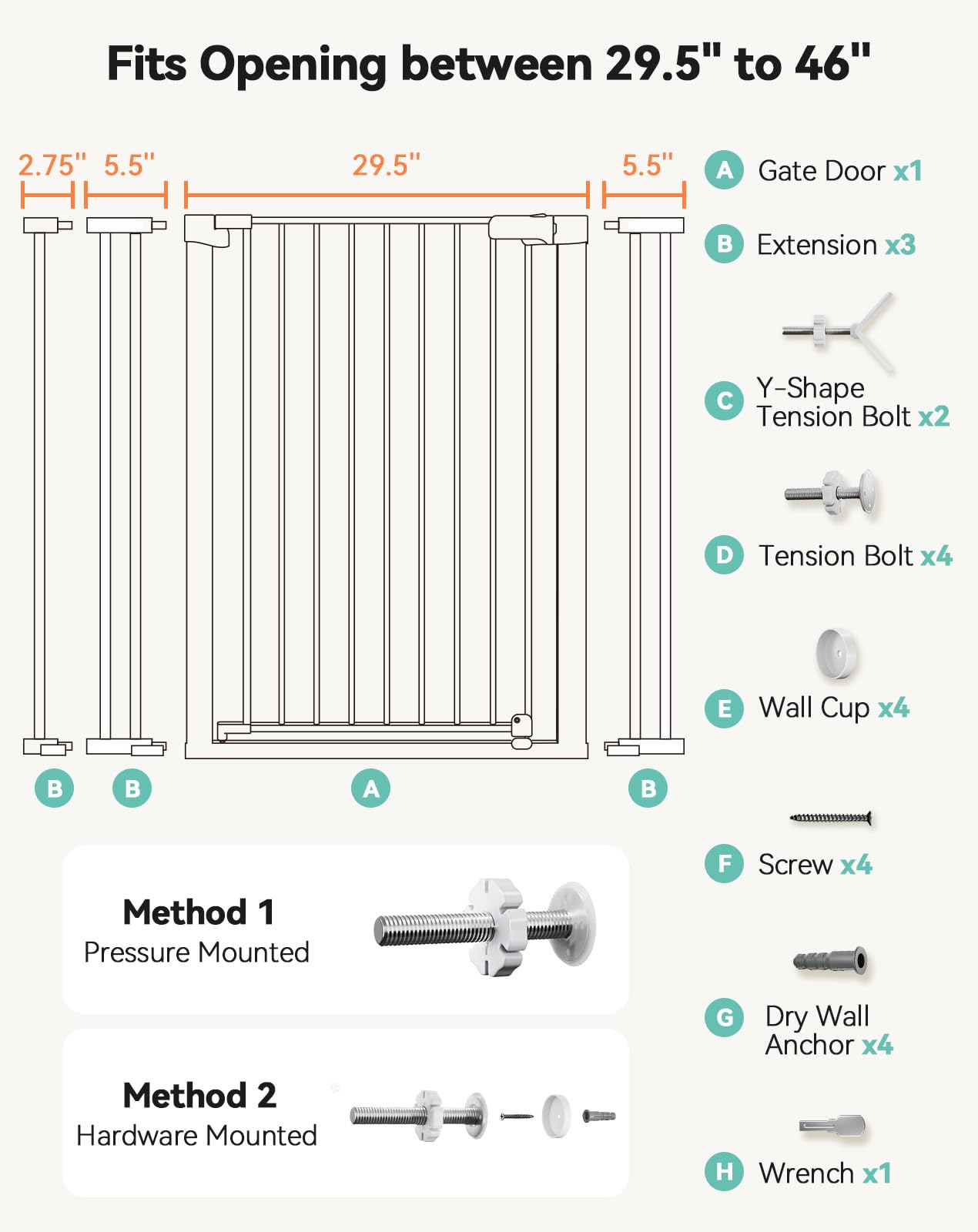 Comomy 36' Extra Tall Baby Gate For Stairs Doorways, Fits Openings 29.5' To 46' Wide, Auto Close Extra Wide Dog Gate For House, Pressure Mounted Easy Walk Through Pet Gate With Door, White