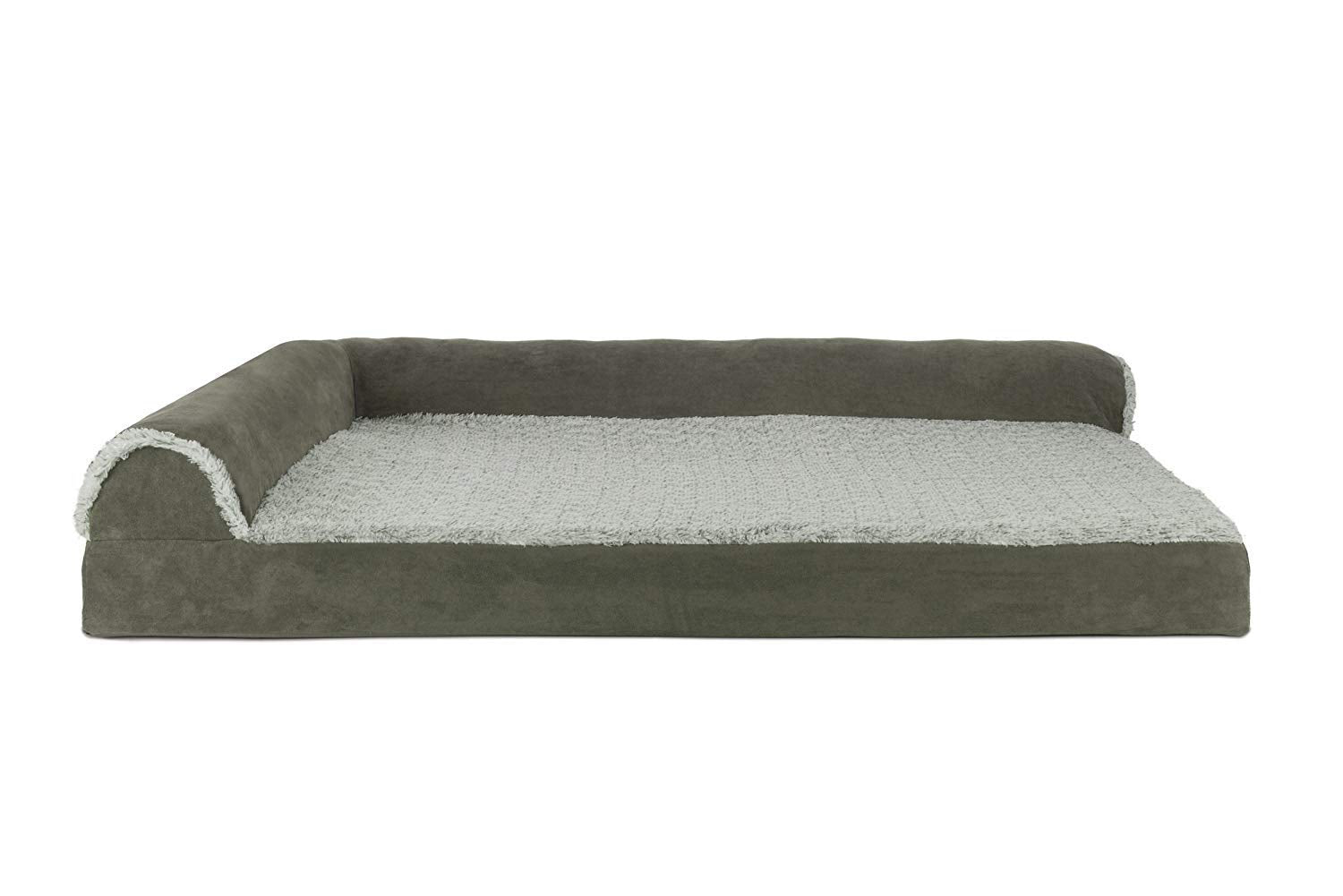 Furhaven Cooling Gel Dog Bed For Large Dogs W/ Removable Bolsters & Washable Cover, For Dogs Up To 95 Lbs - Two-Tone Plush Faux Fur & Suede L Shaped Chaise - Dark Sage, Jumbo/Xl
