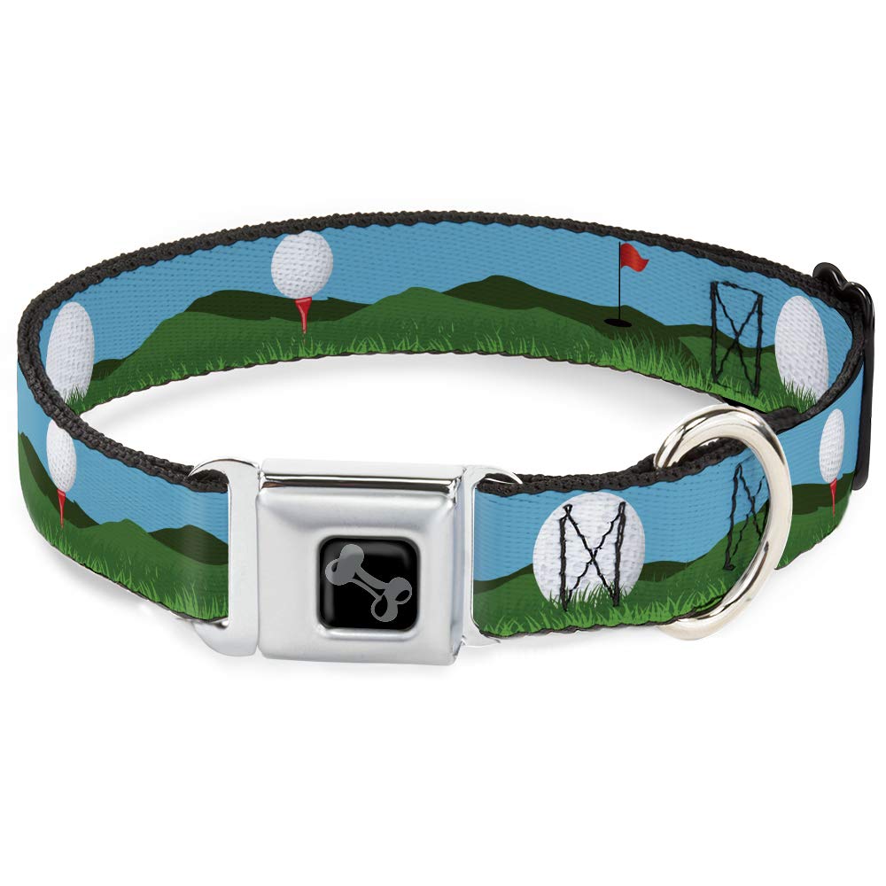 Dog Collar Seatbelt Buckle Golf Course Balls Holes Blues Greens 18 To 32 Inches 1.5 Inch Wide