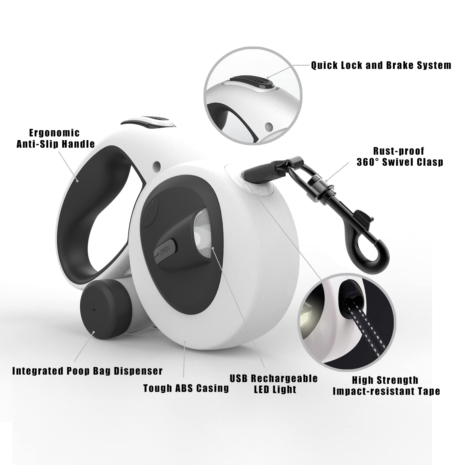 HCY&WLD 4-in-1 Retractable Dog Leash with LED Light, 16ft, Heavy Duty, Anti-Slip Handle, for Dogs up to 66lbs, Black&White