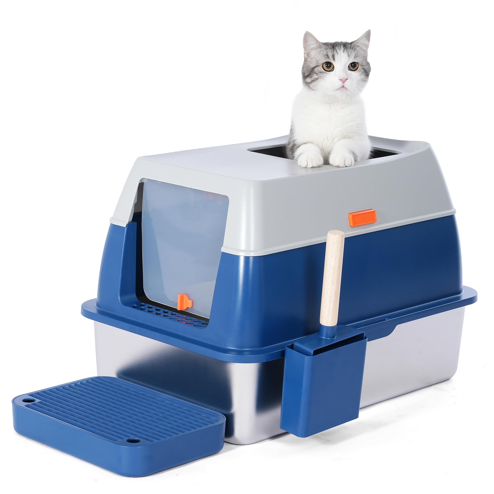 Enclosed Stainless Steel Litter Cat Box With Lid For Big Cats, Top Entry Covered Jumbo Metal Tray, Extra Large, High Sides, Dura