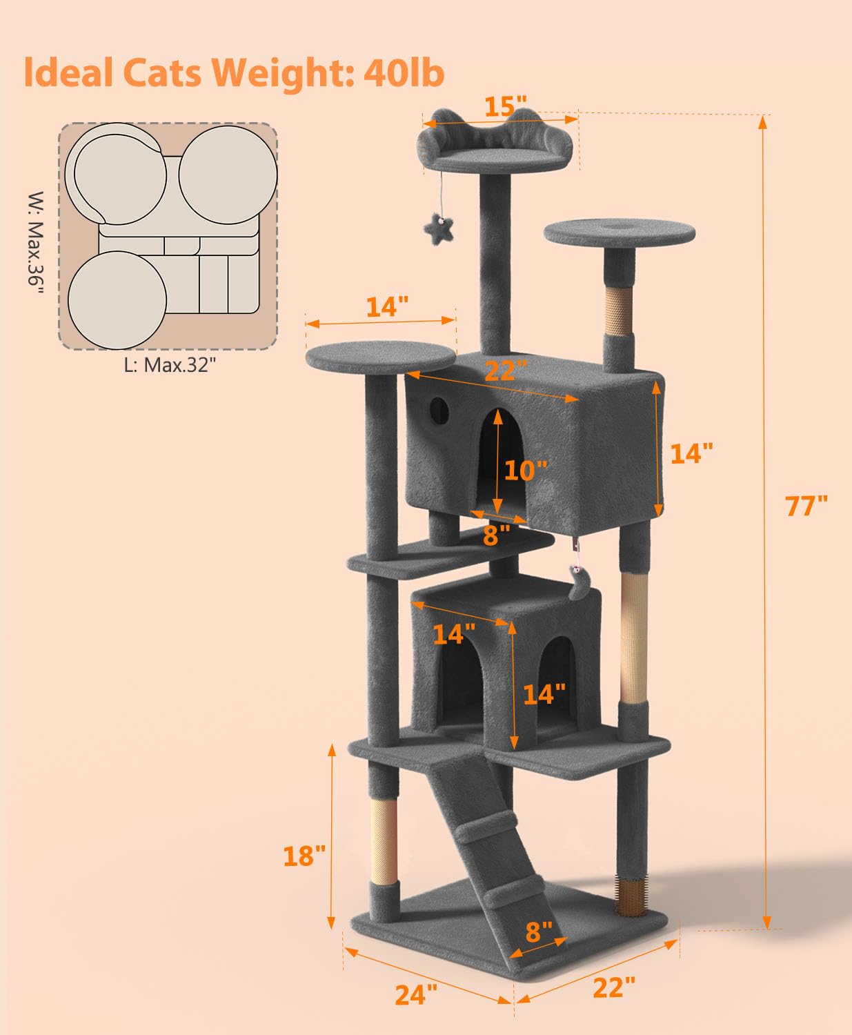Os Motor 77'' Cat Tree Tower For Indoor Cats Large Adult, Cute/Tall Modern Cat Tree For Big Cats 20 Lbs, Plush Multi-Level Cat C