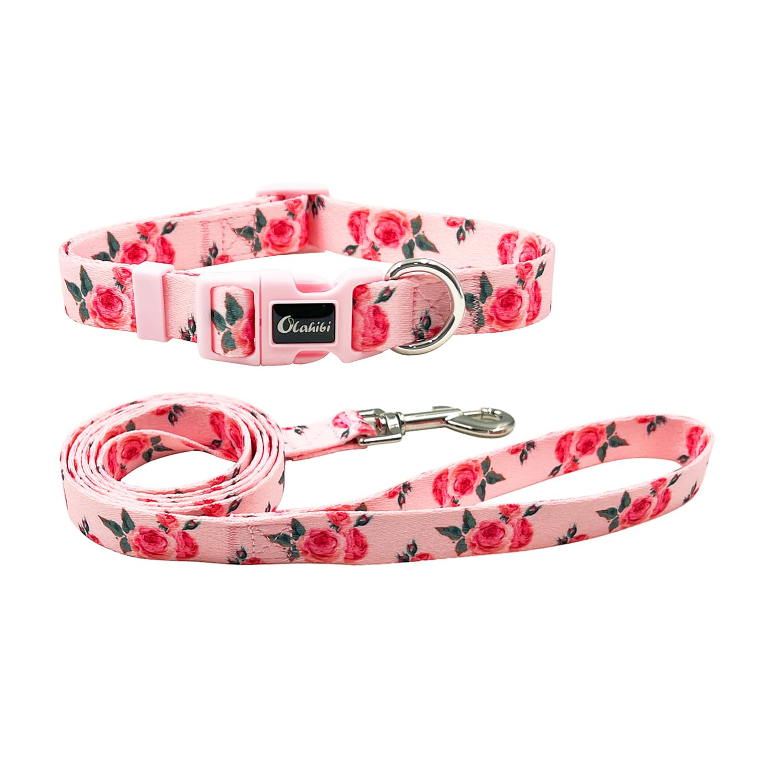 Olahibi Dog Collar And Leash Set, Cute Rose Pattern, Polyester Material, 5Ft Leash, For Large Dogs.(Large,Pink Rose)