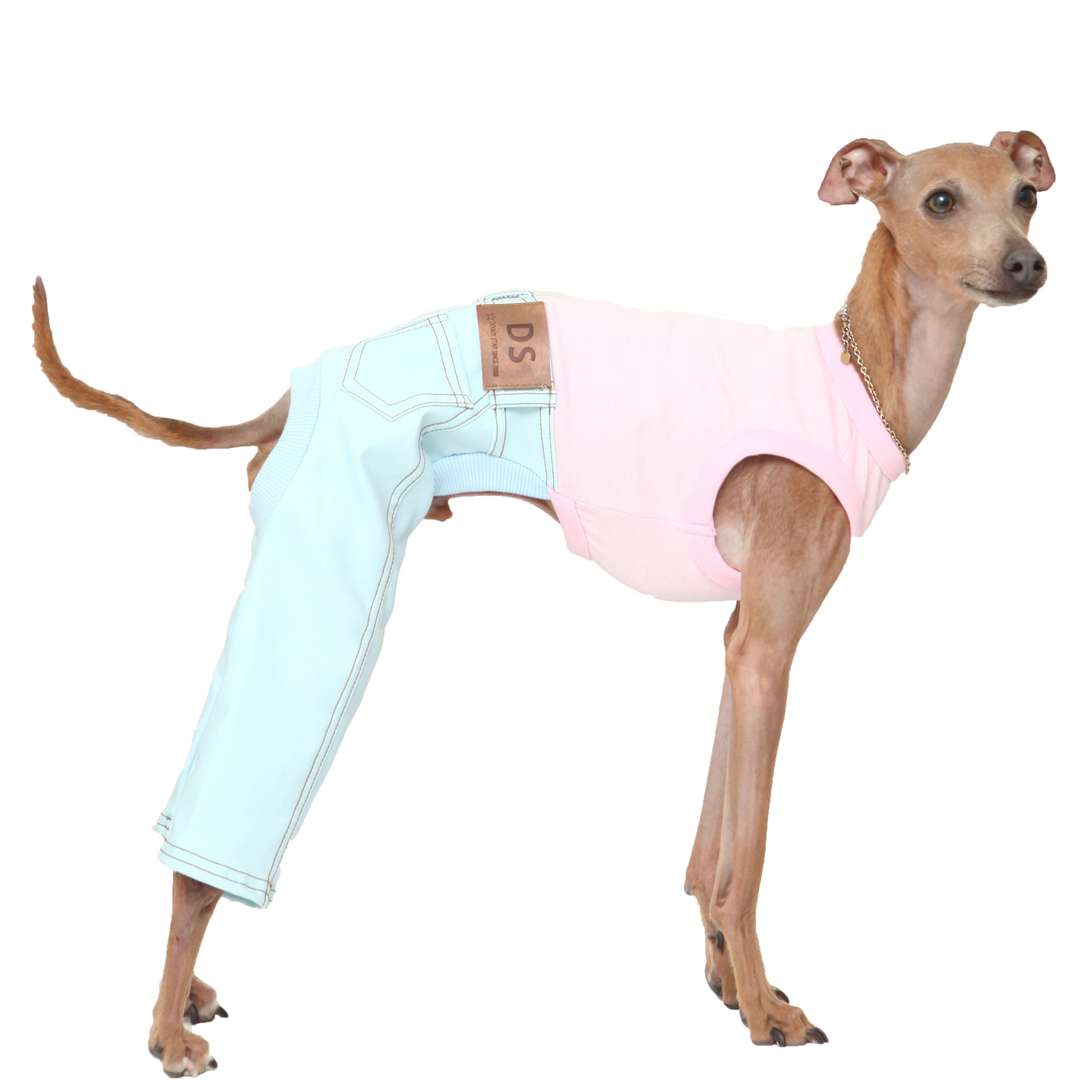 D Doggy Star Italian Greyhound Clothes Sleeveless Jeans Onesie Outfit Whippet For Dog Coat (L,Sky Blue Jean)