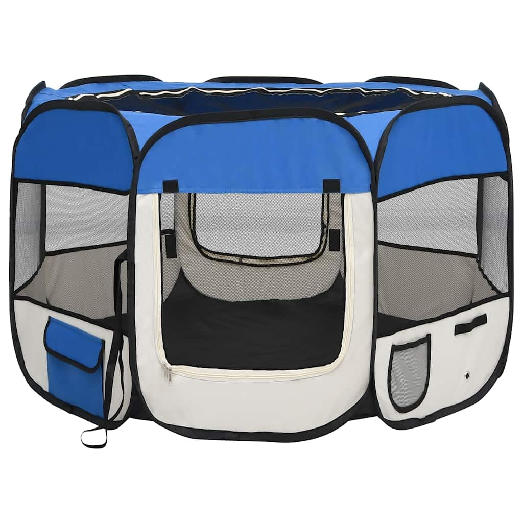 vidaXL Foldable Dog Playpen - Blue/Cream with Carrying Bag, Mesh Zipper Roof/Door, Side Pockets, Lightweight & Sturdy Steel Fram