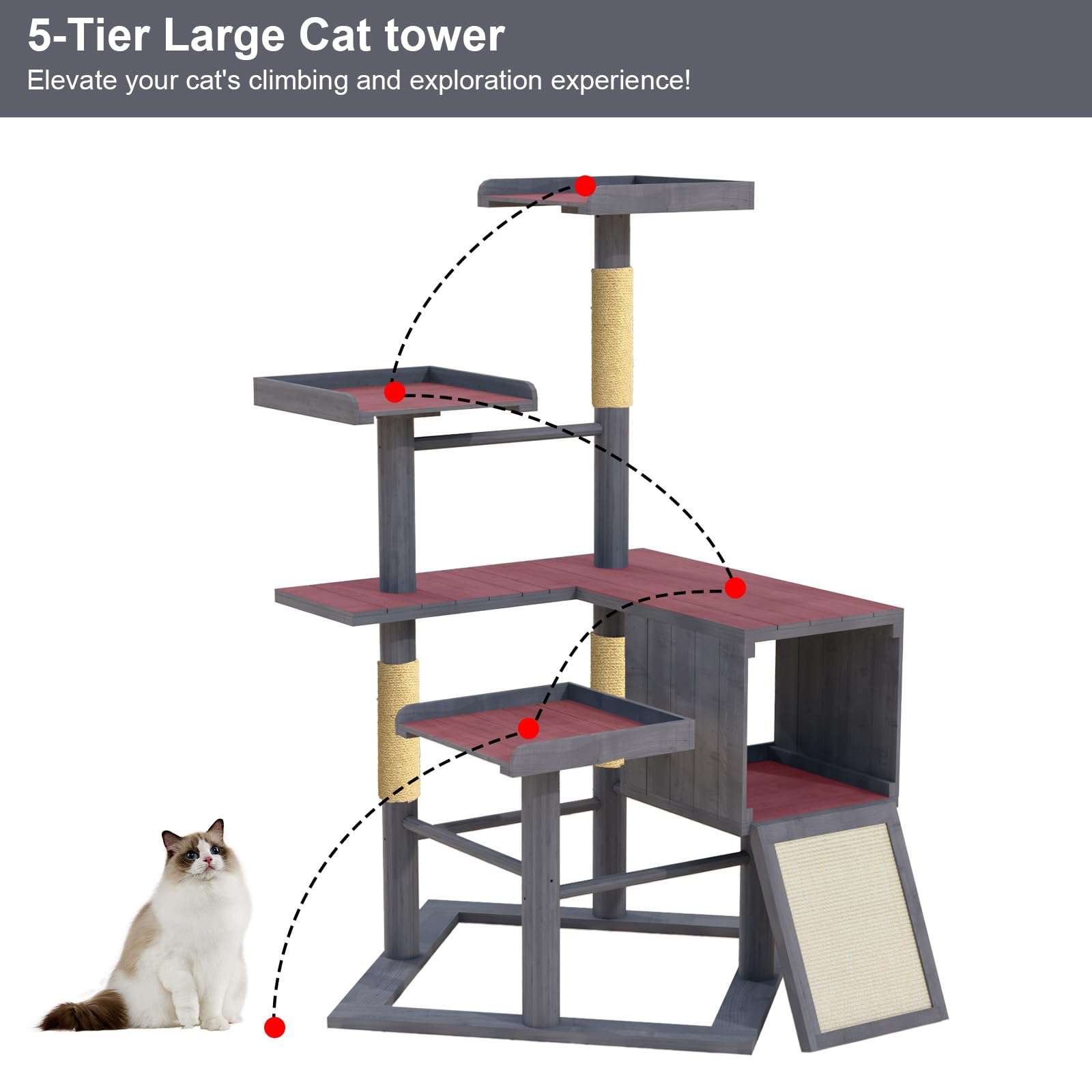 GDLF Outdoor Cat Tree Tower, 67" Weatherproof Wood for Large Cats, Condo & Scratching Posts, Grey, Model PET842M