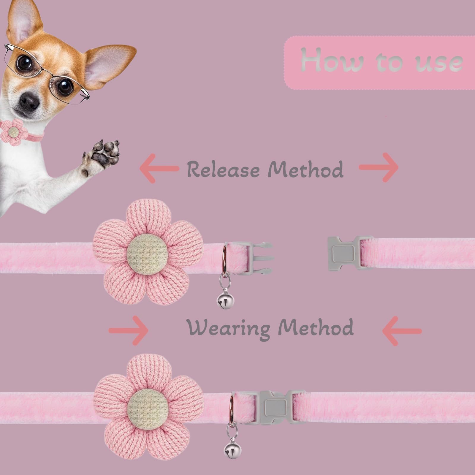Puppy Collars, Small Dog Collars For Small Dogs With Bellxs Dog Collars For Girl Boy With Flower (White + Yellow + Pink)