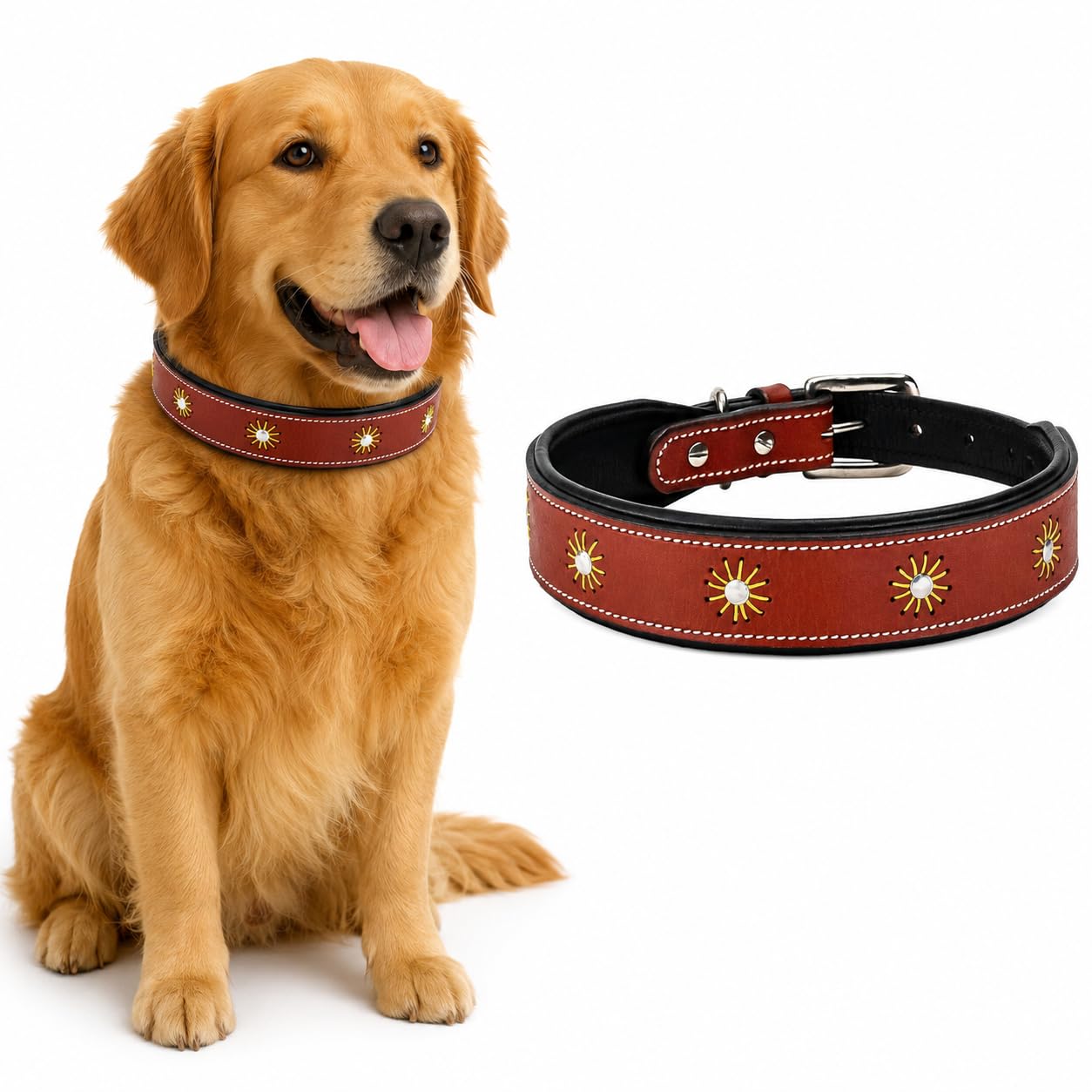 AdilS Leather Dog Collar Thread Flower Design 1.5 Inches Width Adjustable Collars For Small Medium & Large Dogs, Genuine Leather