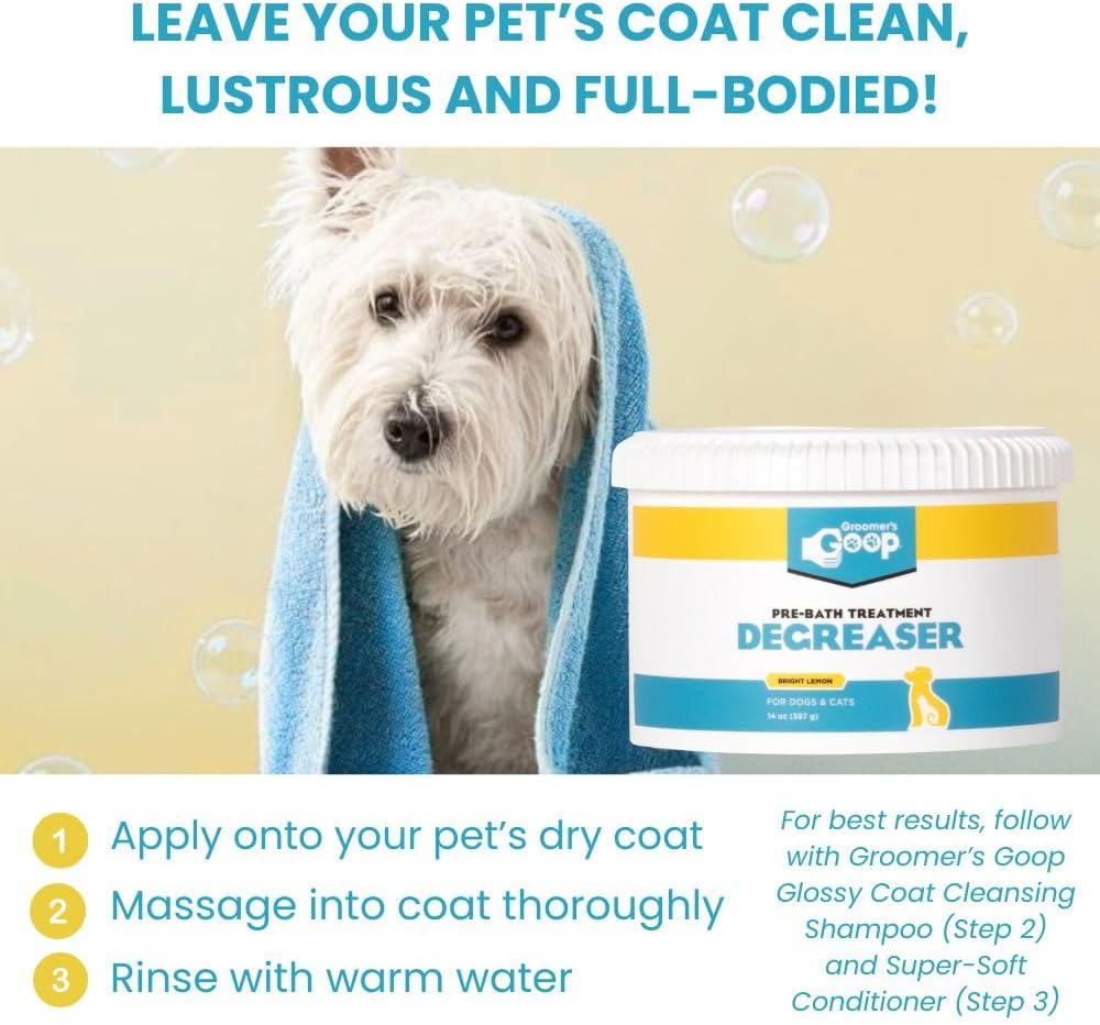 Groomer’s Goop Pre-Bath Pet Degreaser Treatment - Professional Strength Formula Removes Tough Oil & Grime from Dog & Cat Coats, Conditions Skin, Dye-Free - 14 oz Can