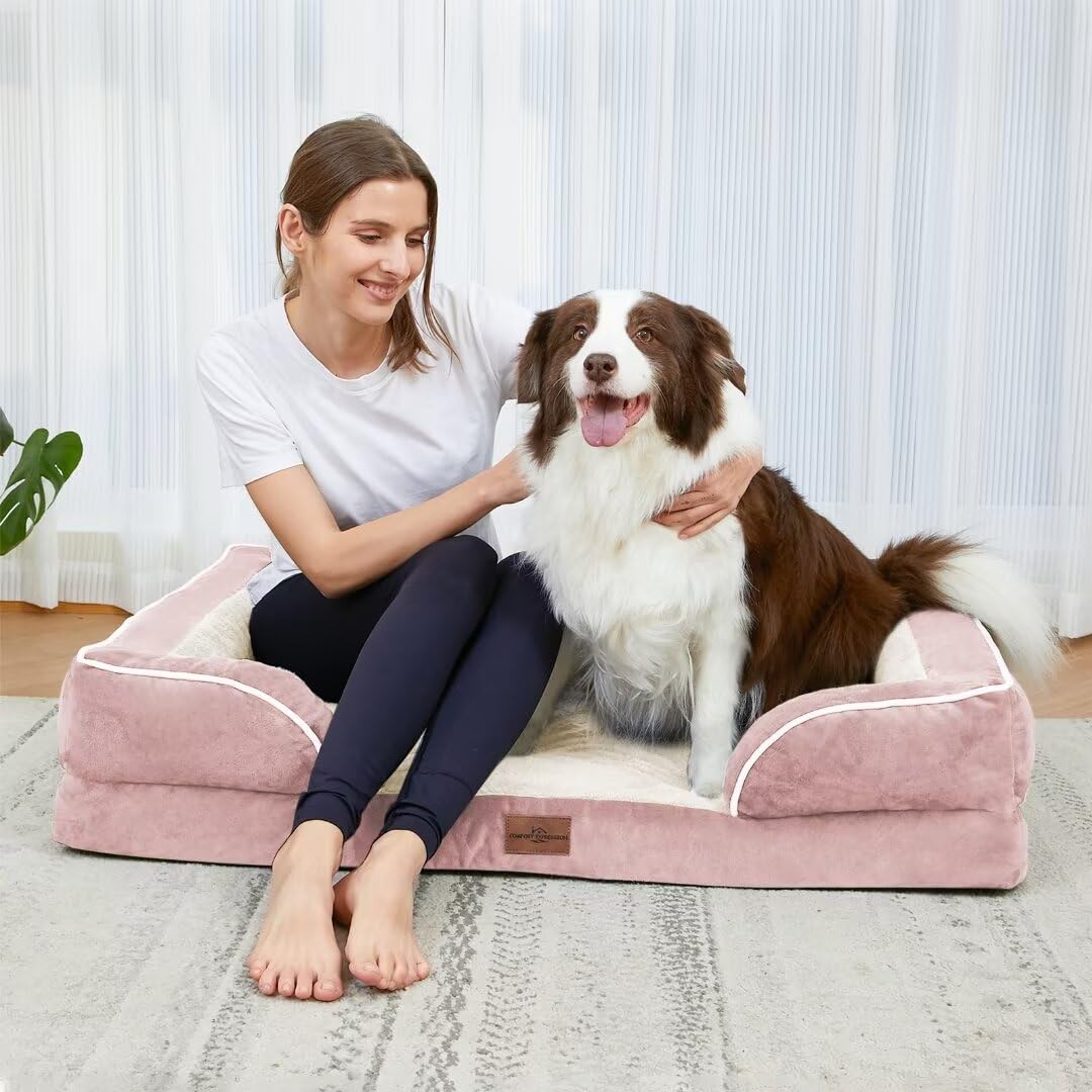 Comfort Expression Waterproof Orthopedic Foam Dog Beds Xl Dog Bed, Extra Large Dogs With Bolster, Washable Dog Bed Sofa Pet Bed With Removable Cover & Non-Slip Bottom(X-Large,Pink)