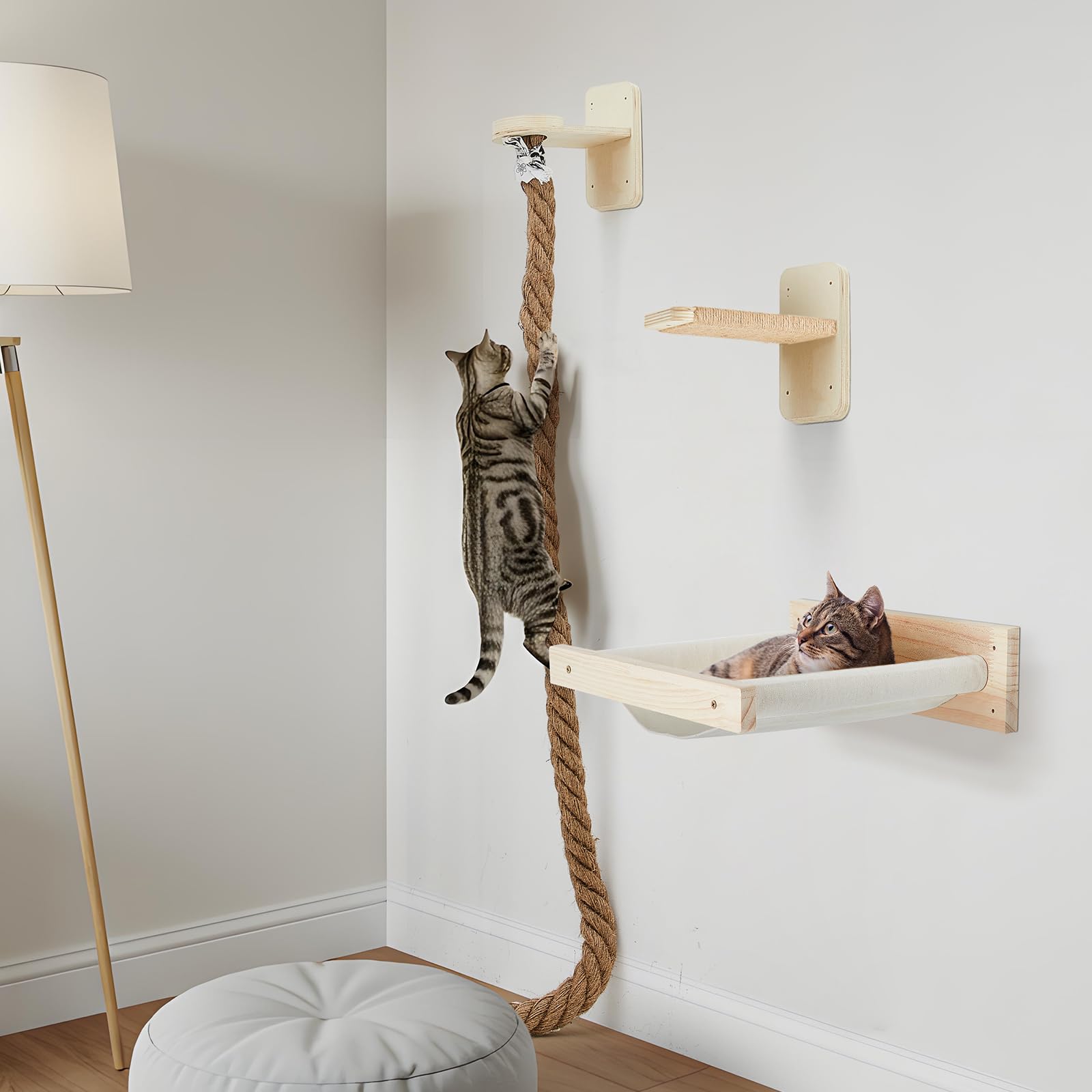 Weysat 3 Pcs Cat Wall Hammock Mounted Shelves with 4.92 ft Climbing Rope Steps and 15.8 x 11.8 Inch Cat Bed Kitten Tree Scratchi