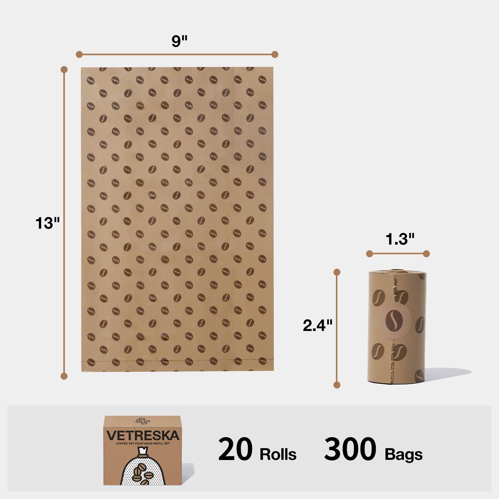 VETRESKA Dog Poop Bags - Coffee Scented, Leak Proof, Extra Thick - 300 Count (20 Refill Rolls)