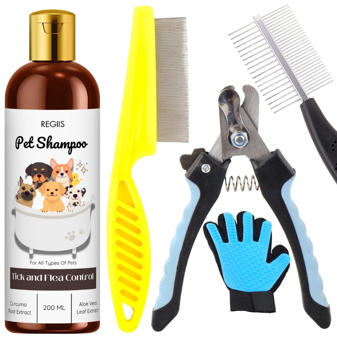 Regis Pet Grooming Kit With Tick And Flea Control Shampoo, Professional Nail Clippers, Deshedding Glove, Metal Comb For Dogs And