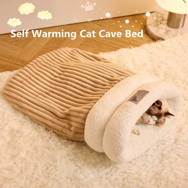 Zhuanxua Cat Winter Sleeping Bag, Soft Plush Cat Cave Bed For Indoor Cats, Kitten, Puppy (Beige, L-21 X18)