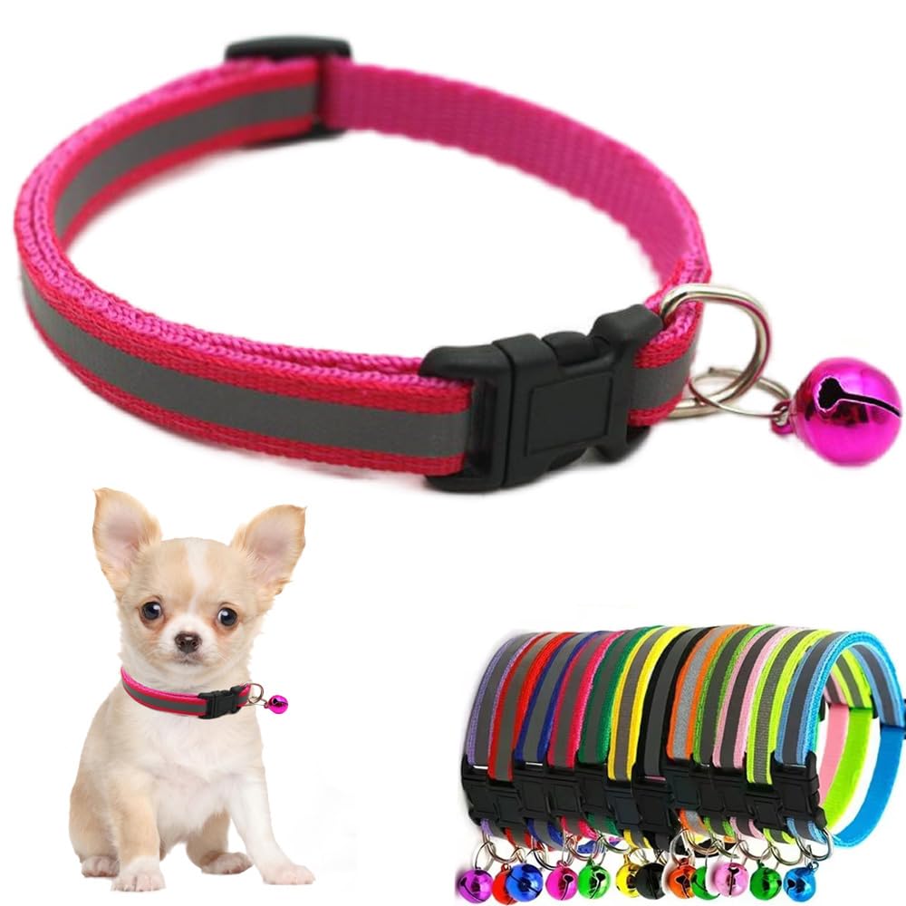 Hot Pink Puppy Collar With Bell, Reflective Xs Cat Collars Soft Adjustable Buckle For Xxs Xsmall Extra Small Dogs Female Little 
