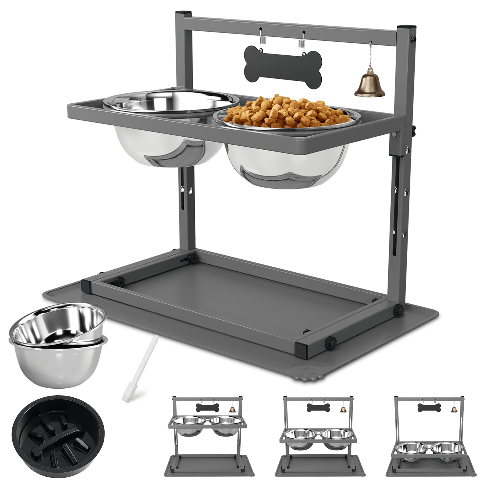 SHAINFUN Grey Raised Dog Bowl Stand with Two 1700ml Stainless Steel Food Bowl, a Slow Feeder and Silicone Pet Feeding Mat, Adjus