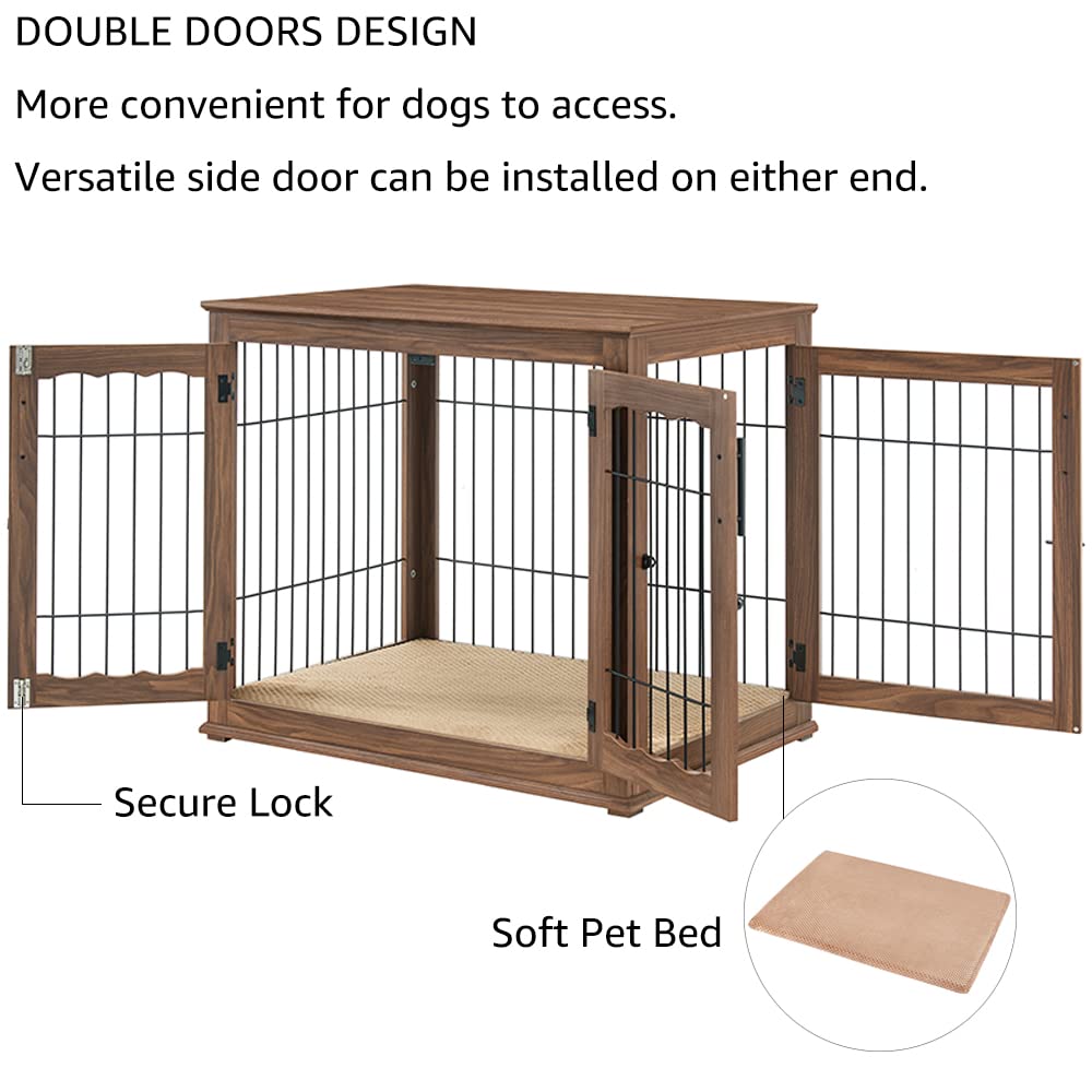 Beenbkks Furniture Style Dog Crate End Table, Double Doors Wooden Wire Dog Kennel With Pet Bed, Decorative Pet Crate Dog House Indoor Medium Large