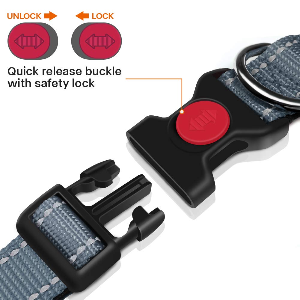 Taglory Reflective Dog Collar With Safety Locking Buckle, Adjustable Nylon Pet Collars For Medium Dogs, Grey