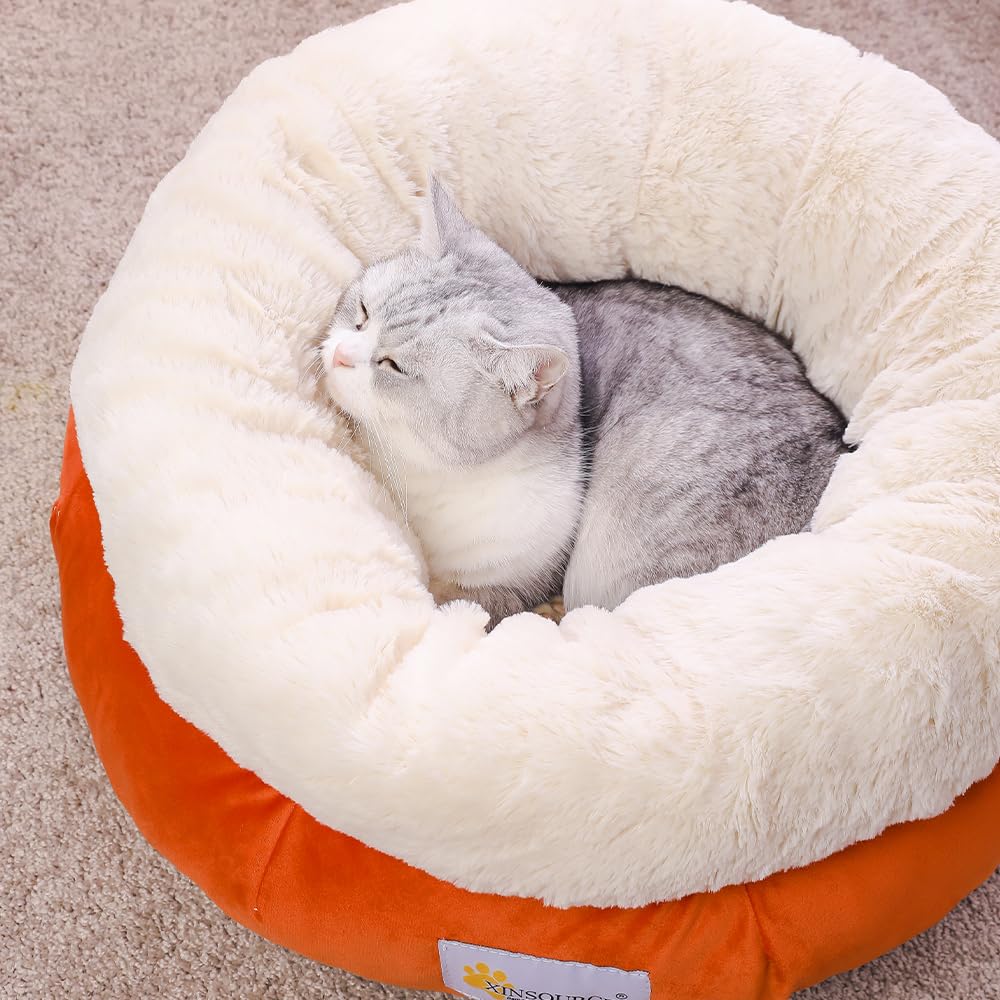 Xinsource Cozy Round Pet Bed - High Walls For Extra Support, Soft Plush Interior, Orange/Grey With Non-Slip Bottom, Machine Wash