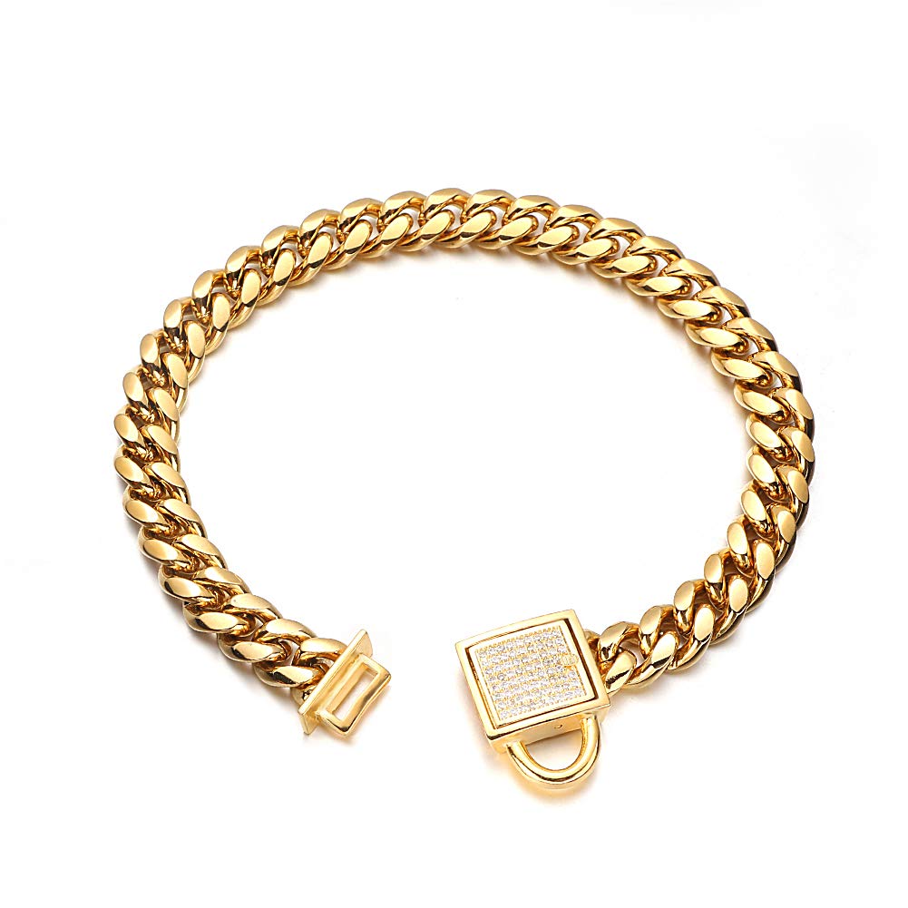 Gold Dog Chain Collar 10Mm Wide Cuban Link Puppy Collar 316L Stainless Steel With Cz Diamond Lock Bling Collar For Medium Dogs(1