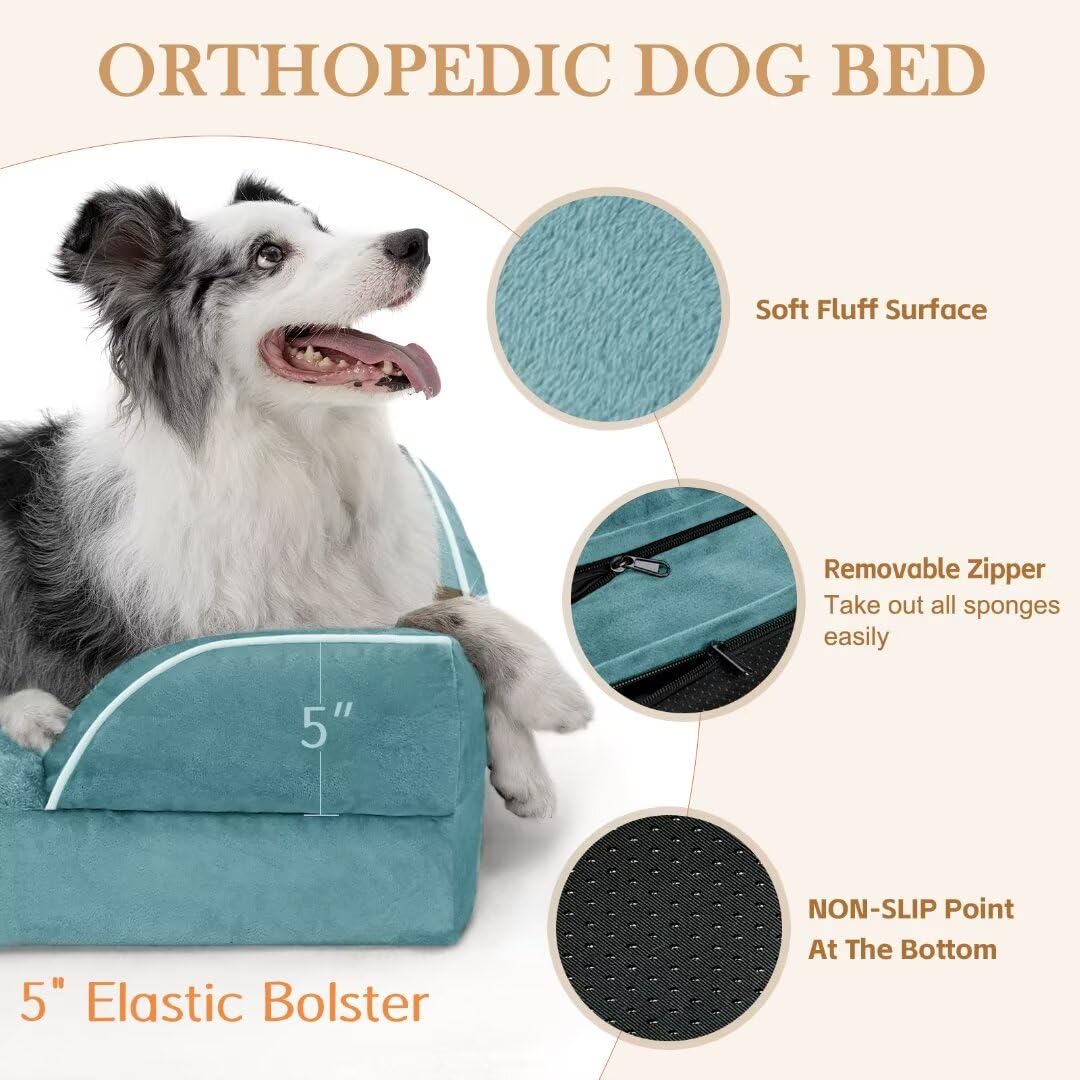 Comfort Expression Orthopedic Foam Xl Dog Beds Waterproof, Extra Large Dog Bed With Bolster, Washable Dog Bed Sofa Pet Bed With Removable Cover & Non-Slip Bottom(X-Large,Washed Blue)