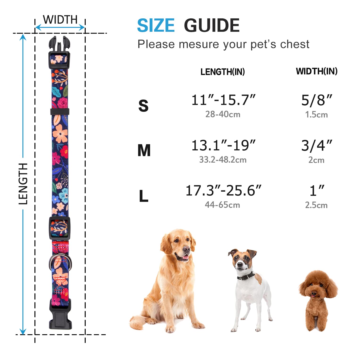Rhea Rose Dog Collar For Medium Dogs Special Design Cute Floral Plant Pattern Girl Female Pet Collar (Black, M)