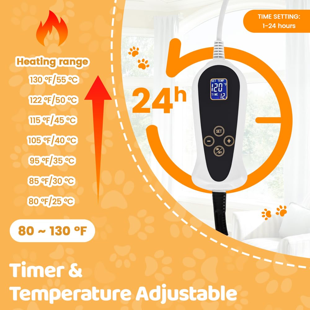 Pet Heating Pad For Cats Dogs With Timer Temperature Adjustable, Electric Heating Mat Indoor, Adjustable Warming Mat, Waterproof