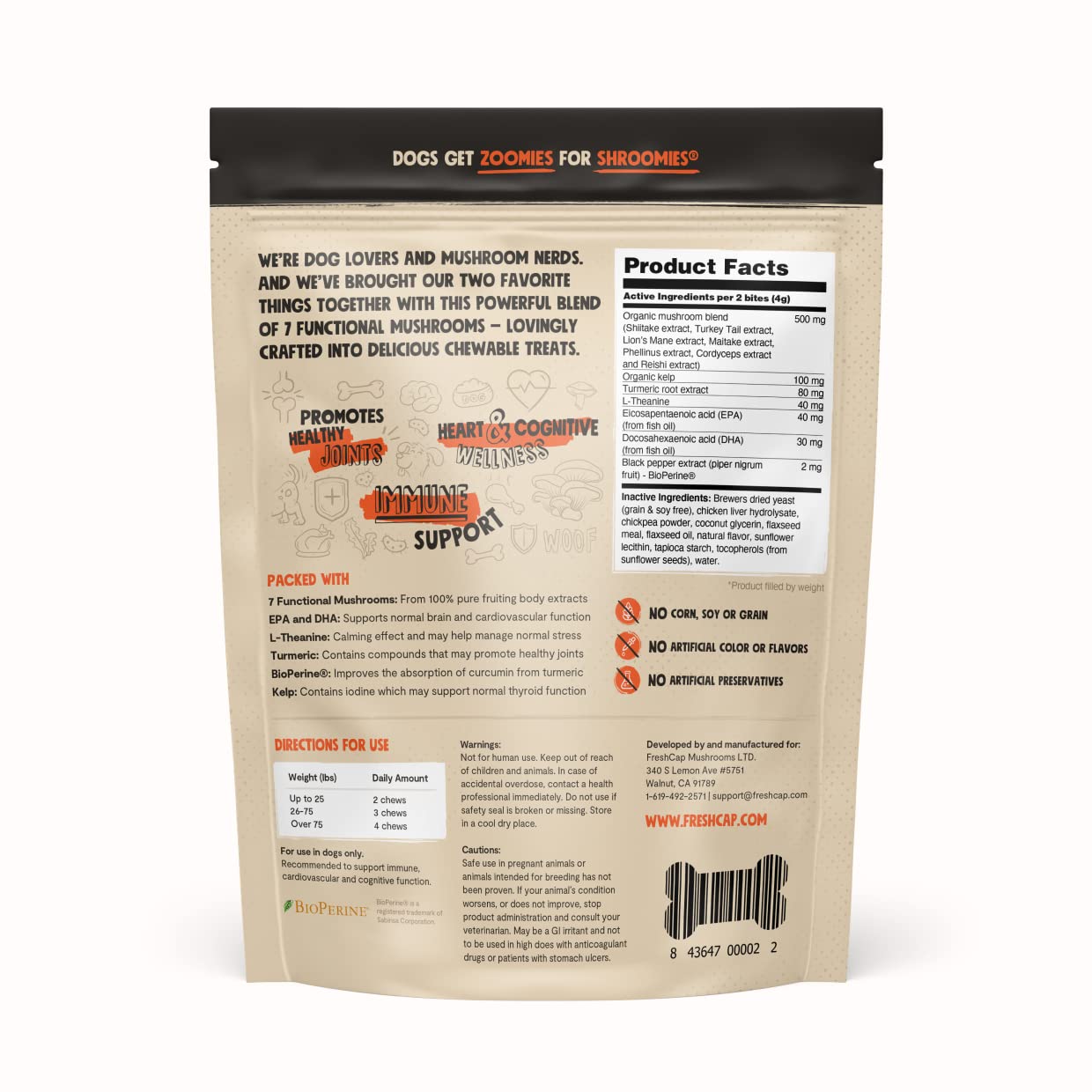 Shroomies - Organic Mushroom Complex for Dogs - Turkey Tail, Lions Mane - DHA, EPA, Turmeric and Kelp - 180 Soft Chews - Immunit